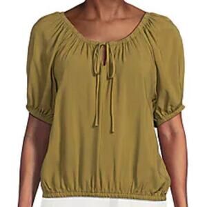 Bobeau Olive Green Puff Sleeve Peasant Top - Medium